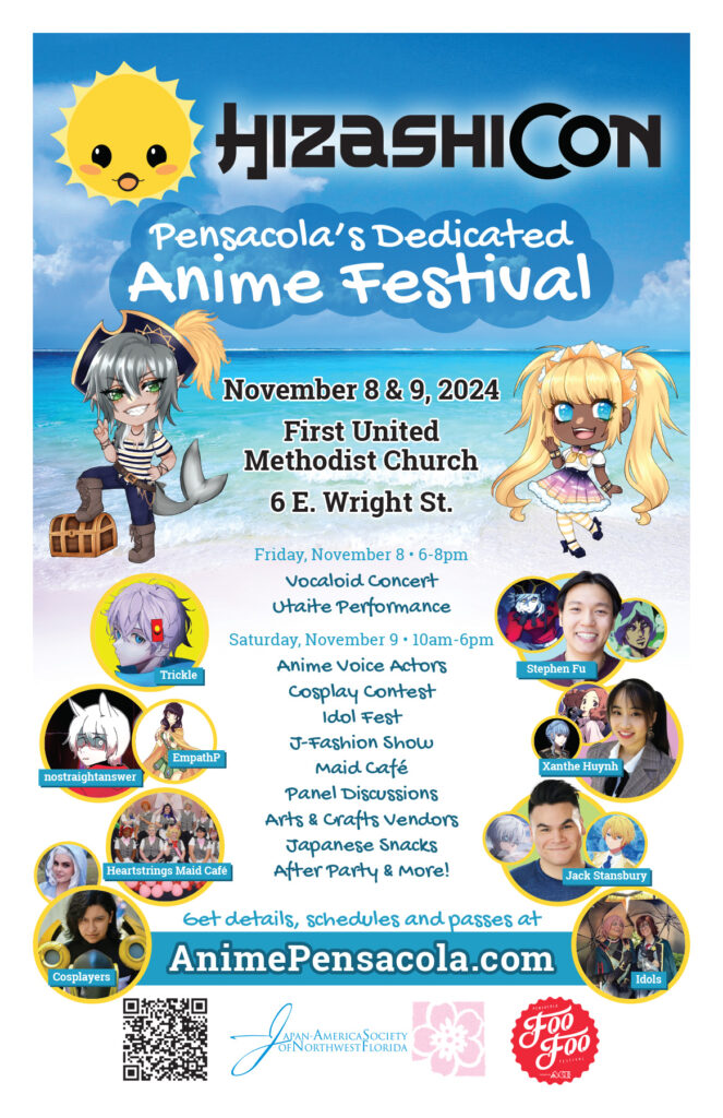 HizashiCon poster - Pensacola's dedicated anime festival - November 8 & 9, 2024 at First United Methodist Church, 6 E Wright St.